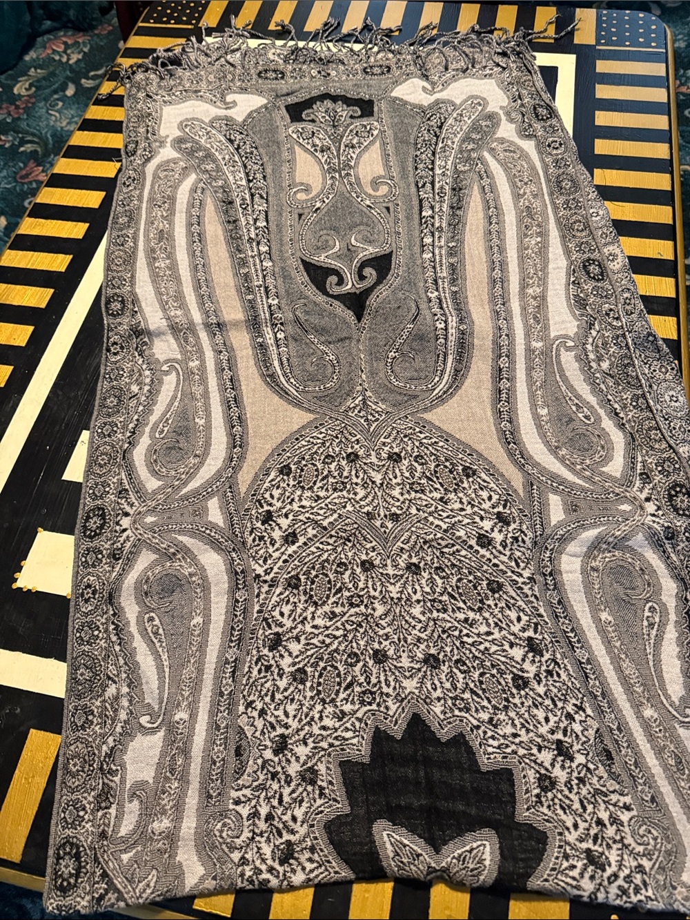 Classic Paisley Fringe Wrap Scarf in Black & Cream